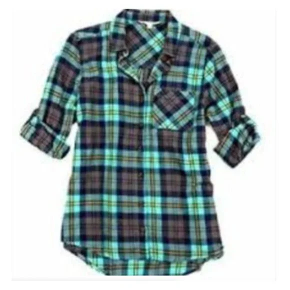 C & C California aqua & brown plaid flannel shirt XS - Picture 2 of 7
